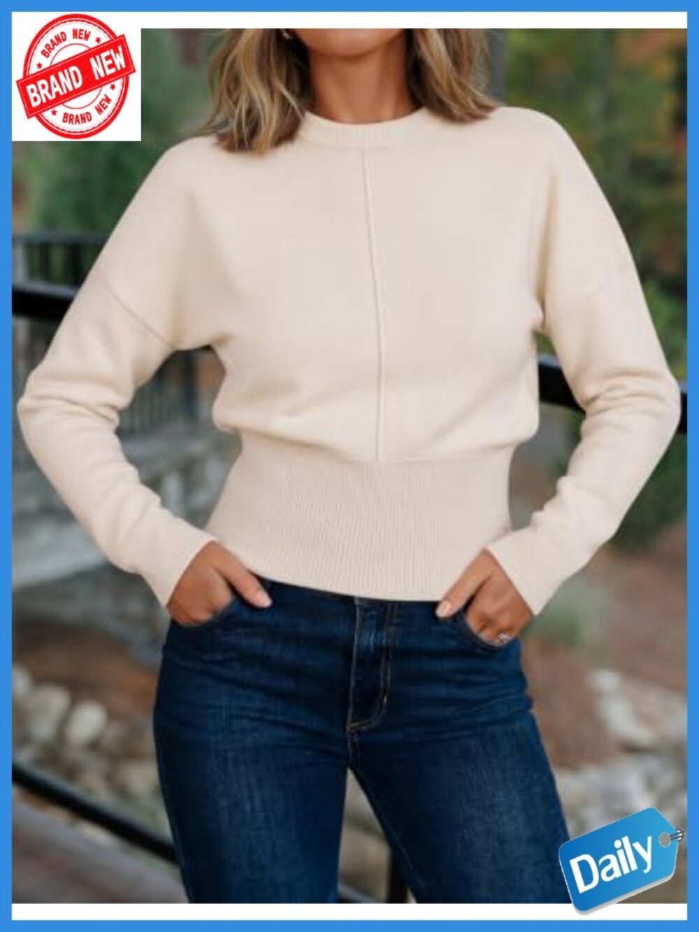 Women's Ribbed Knit Long Sleeve Crewneck Sweater with Cinched Waist - Picture 5 of 6